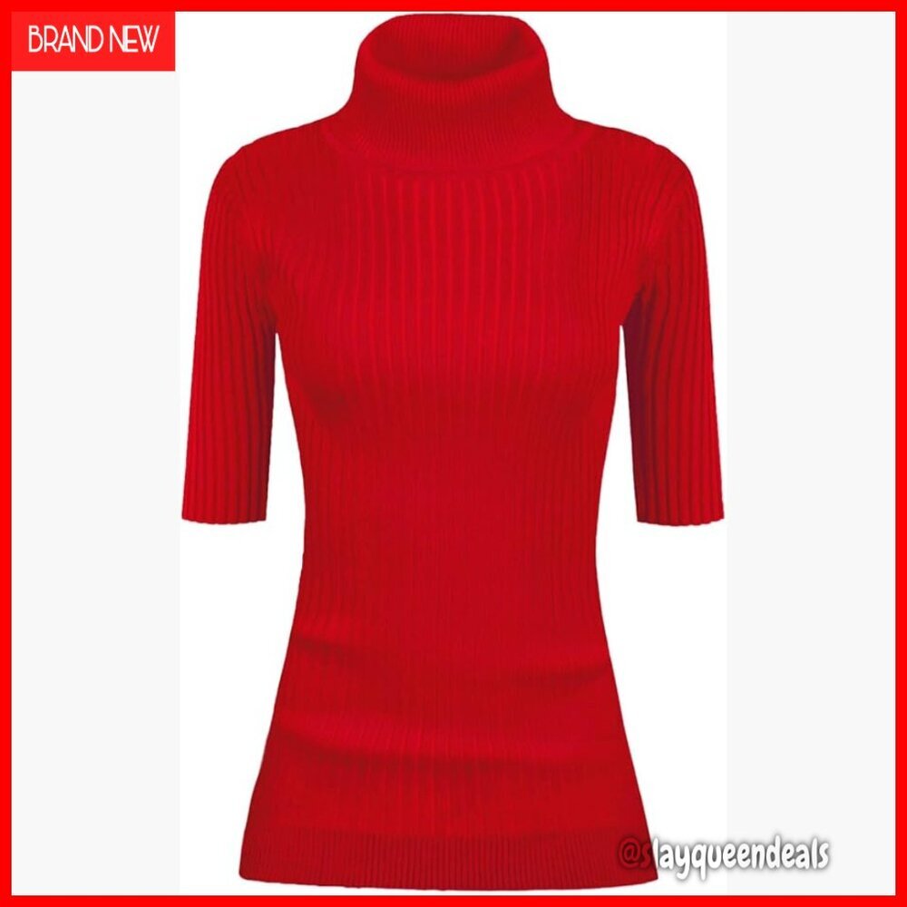 Stretchy Ribbed Half Sleeve Turtleneck Sweater Fitted Knit Top